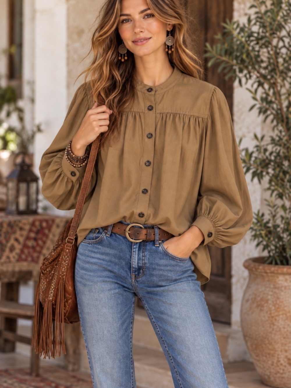 Banana Republic button down peasant blouse S brown/gold boho prairie work office